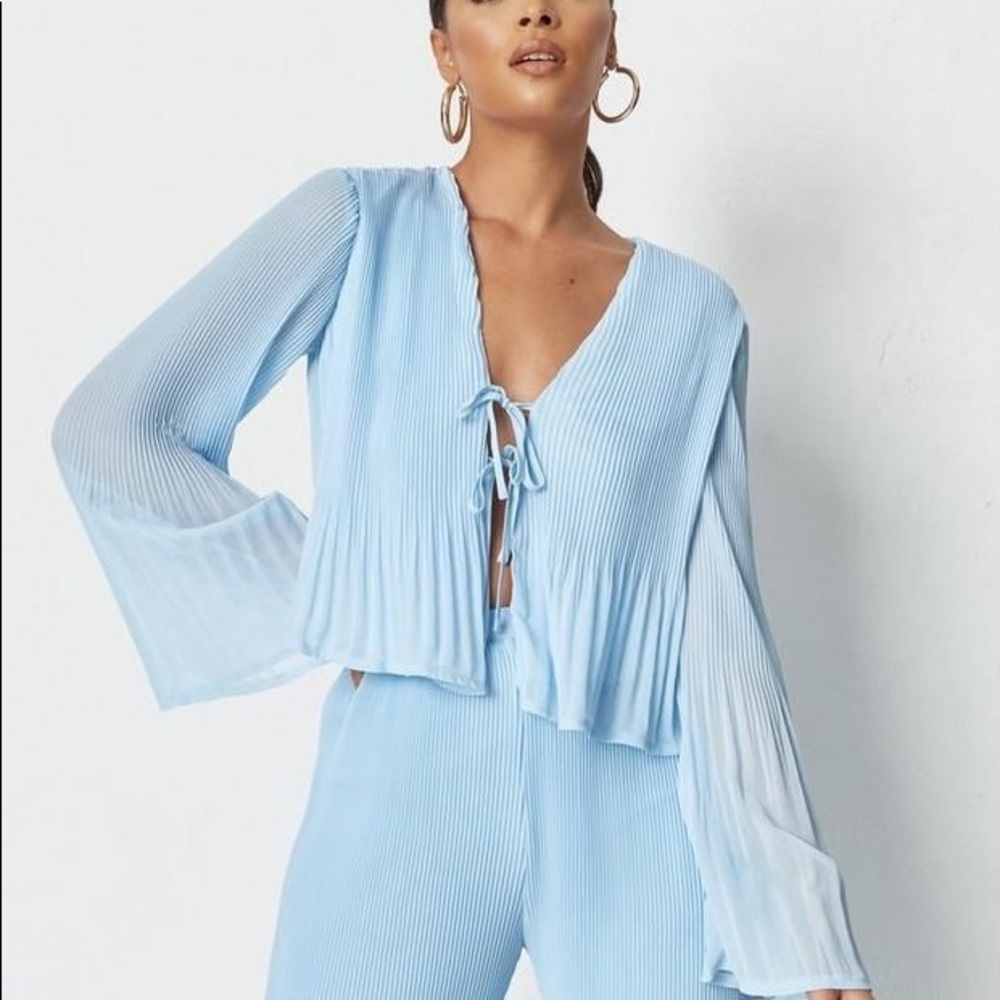 Blue Plisse Long Sleeve Top